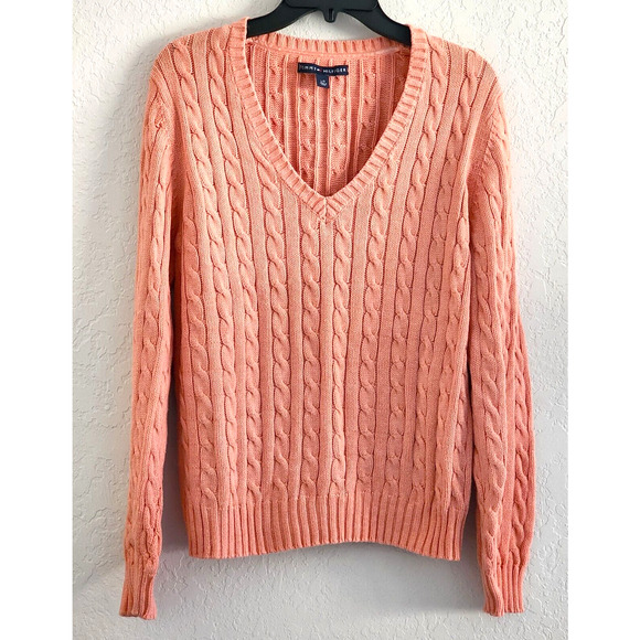 Sweater-Tommy Hilfiger-V-Neck-Melon-Decorative Knit-Long Sleeves-Slim Fit-Size L - Picture 1 of 13